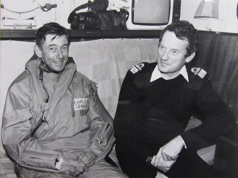 L-R Major General Jeremy Moore and Rear Admiral Sandy Woodward aboard the flagship HMS Hermes during the Falklands campaign