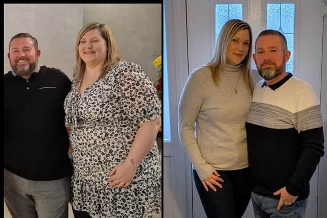 Ben and Lisa before joining Slimming World and now. With 14 stone 2 pounds lost between them.