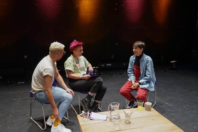 A Q&A session in preparation for True Colours, which is at New Theatre Royal, Portsmouth on July 28-29, 2022. On the left is The Fabulous Josh, right is Suzi Ruffell.