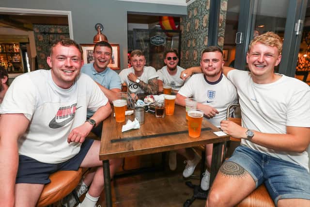 England Fans watching England V Croatia at The Southsea Village. Tom Yates, Sam Court, Connor Whiting, Ed Lee, Rhys Little and Josh Cullinane.

Picture: Stuart Martin (220421-7042)