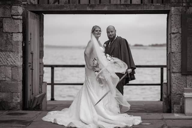 Stephanie and Adam Bygrave-White, from Fratton, were married at the Square Tower, in Old Portsmouth on August 22, 2022. Picture: Carla Mortimer Photography.