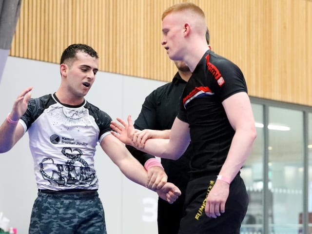 University of Portsmouth student George Kaldelis, left, competing in a Brazilian Jiu Jitsu competition at the Ravelin Centre in Portsmouth. Picture: Chris Moorhouse (jpns 250223-14)