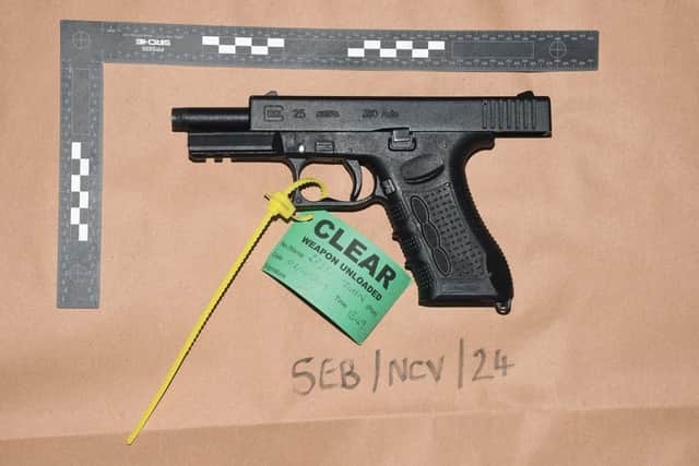The handgun found at the unit in Clamp Farm Stables, pictured on October 2, 2019.
