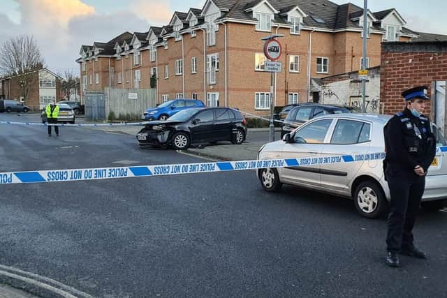 Police in Cornwall Road, Fratton in Portsmouth, on January 22, 2021, after an incident. Picture: Habibur Rahman