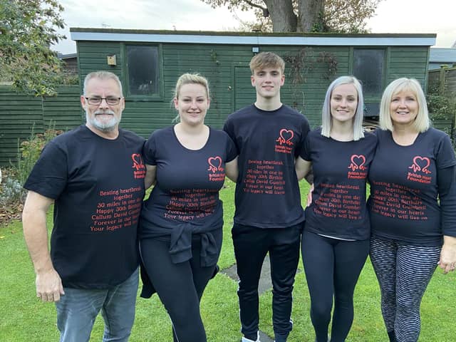 Members of the Gumbrell family walked 30 miles in memory of son and brother Callum, who died at just one week old. Pictured: Jeff, Lucy, Mackenzie, Katie and Julie Gumbrell