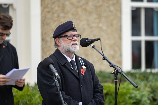 Robert Bartlett, Chairman of Gosport and Alverstoke Royal British Legion, gives his address at the service in Gosport.  Picture: Mike Cooter (121123)