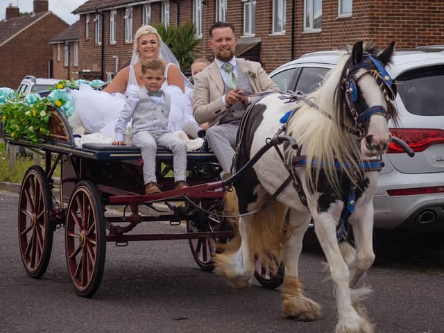 Taylor and Lee Stedman arriving at Havant Rugby Club. 
Picture: Carla Mortimer Wedding Photography.