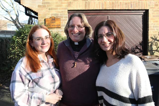 Left to right: Kateryna Hluhan, the Rev Jenny Gaffin and Anna Borodulina outside the vicarage in Hayling Island.