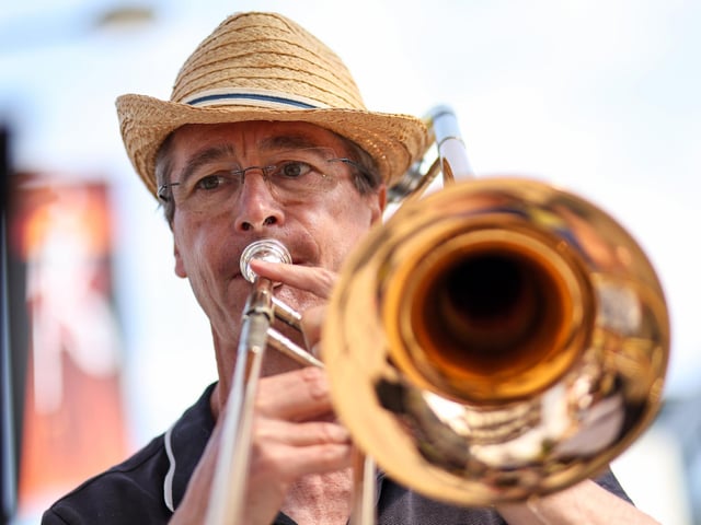Trombonist Clive Hutchinson of Denmead Brass. Waterlooville Music and Arts Festival took place in the precinct, Waterlooville
Picture: Chris Moorhouse (170824-62)