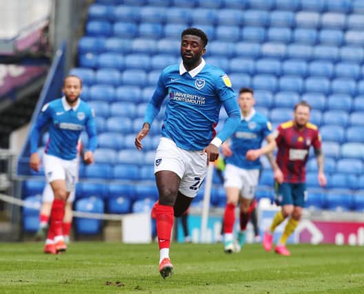 Jordy Hiwula travelled with Pompey to Wigan on Monday, despite being injured. Picture: Joe Pepler