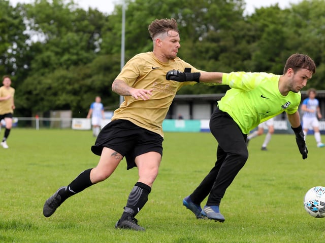 Action from the Challenge Cup final between Wicor Mill (gold shirts) and Coach & Horses Albion. Picture: Chris Moorhouse (jpns 210523-15)