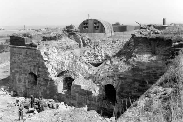 Bomb damage to one of the bastions at Fort Cumberland after it was bombed by the Luftwaffe on August 26, 1940.