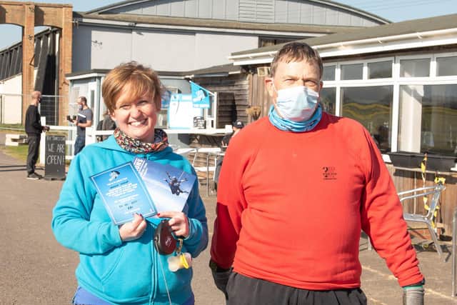 Supporters of the Rainbow Centre in Fareham took on a daring skydive to raise funds. Pictured: Vanda Varga with Ken Chant. Picture by: Steven J Phyall from Zooming Photography