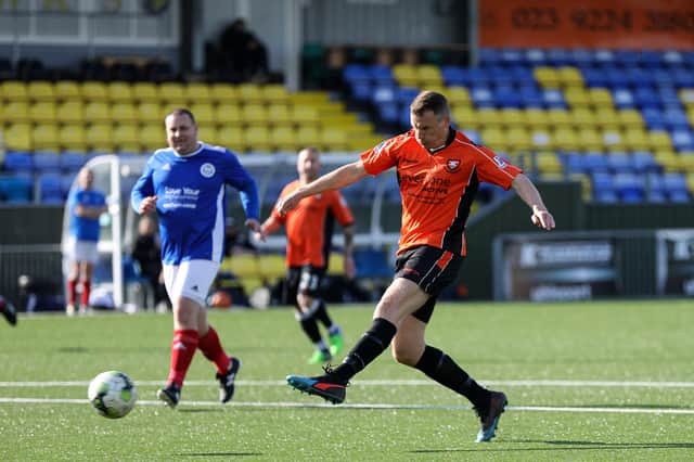 Pete Sanderson, pictured scoring for AFC Portchester Vets in a friendly at Westleigh Park, is preparing for his fourth charity challenge since the first lockdown was implemented.
Picture: Chris Moorhouse
