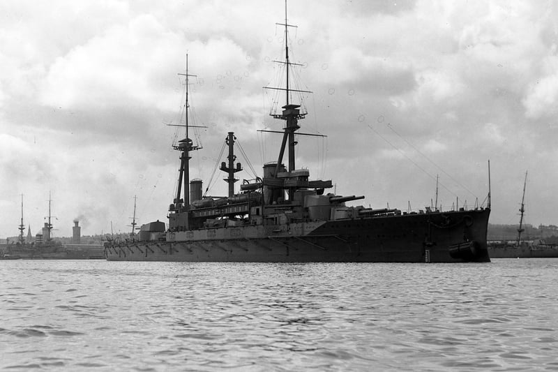 The Royal Navy Dreadnought battleship HMS Agincourt with her 7 × twin BL 12-inch Mk XIII guns at anchor in Portsmouth Harbour circa 1914. was originally built to be the Brazilian Navy Rio de Janeiro but was sold whilst under construction to the Ottoman Empire as the Sultan Osman I but on the outbreak of the First World War the British government seized her for use by the Royal Navy, together with another Ottoman dreadnought being constructed in Britain. This act caused resentment in the Ottoman Empire, as the payments for both ships were complete, and contributed to the decision of the Ottoman government to join the Central Powers.   (Photo by Hulton Archive/Getty Images)