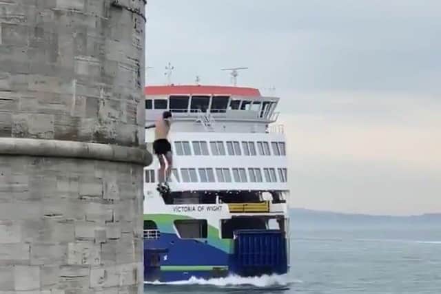 A youth is seen leaping from Old Portsmouth's Hot Walls. Photo: Twitter/Proud of Portsmouth