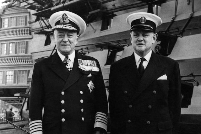 Quintin Hogg, Lord Hailsham (1907 - 2001, right), the First Lord of the Admiralty, with Sir George Creasy (1895 - 1972, left), Admiral of the Fleet, after inspecting the 'HMS Victory', Lord Nelson's flagship, at Portsmouth, UK, 14th September 1956. (Photo by Keystone/Hulton Archive/Getty Images)