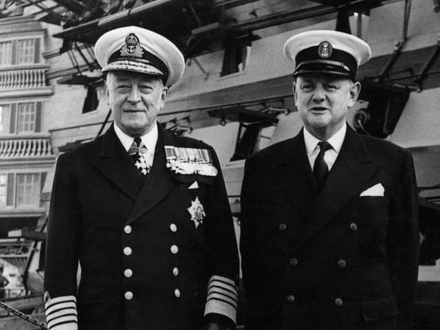 Quintin Hogg, Lord Hailsham (1907 - 2001, right), the First Lord of the Admiralty, with Sir George Creasy (1895 - 1972, left), Admiral of the Fleet, after inspecting the 'HMS Victory', Lord Nelson's flagship, at Portsmouth, UK, 14th September 1956. (Photo by Keystone/Hulton Archive/Getty Images)
