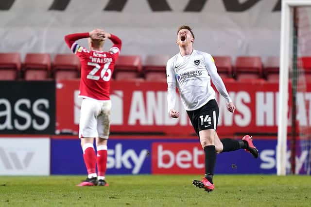 Andy Cannon celebrates netting in Tuesday night's 3-1 win at Charlton - only his second goal in 59 Pompey appearances. Picture: John Walton/PA Wire