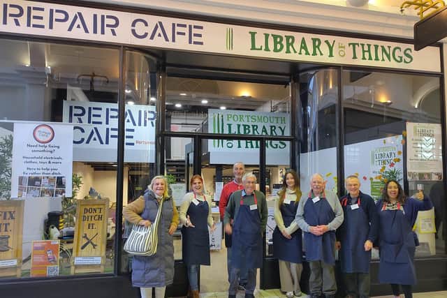 Volunteers outside Repair Café Portsmouth & Portsmouth Library of Things new Hub in Kingswell Path, Cascades Shopping Centre.