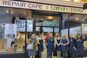 Volunteers outside Repair Café Portsmouth & Portsmouth Library of Things new Hub in Kingswell Path, Cascades Shopping Centre.