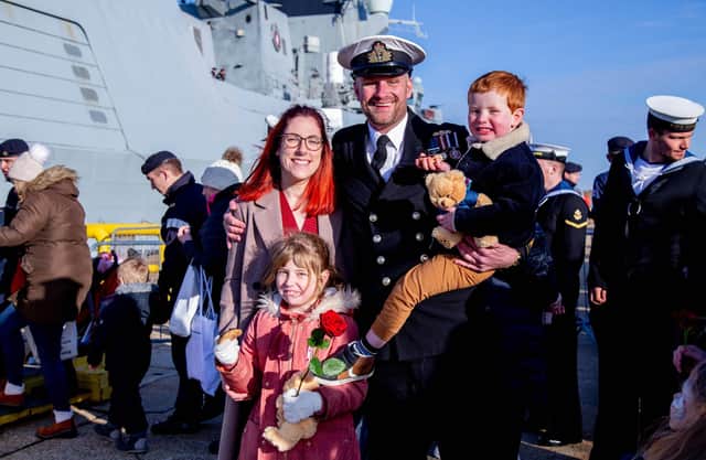 Steph Leonard with husband Lt Cdr Tom Leonard and their children Penny, seven, and Sebby, four, at HMS Diamond's homecoming.

Picture: Habibur Rahman