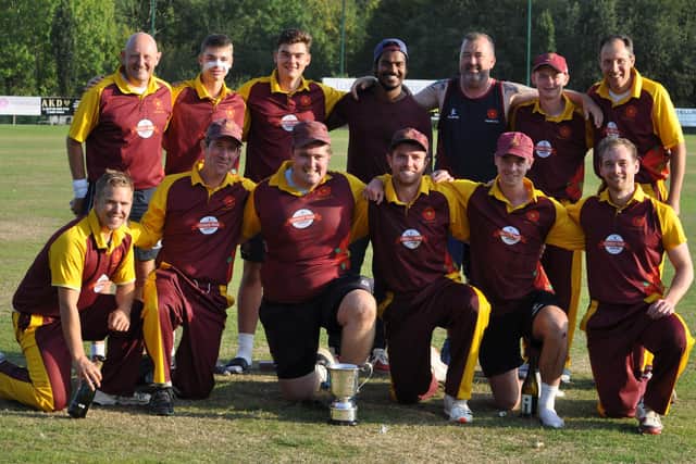 Havant celebrate with the T20 Cup. Back (from left): Pete Hayward, Freddie Gadd, Alfie Taw, Richard Jerry, Craig Stainton (matchday manager), Darryn Stares, Richard Hindley. Front: Ollie Jones, Jez Bulled, Peter Hopson, Chris Morgan, Harry Gadd, Chris Stone.