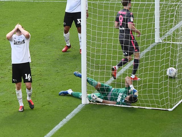Matt Clarke reacts scoring an own goal for Derby against Leeds. Picture: Laurence Griffiths/Getty Images