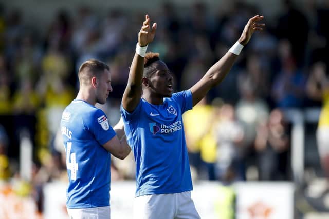 Jamal Lowe celebrates after Pompey's win at Burton in April 2019. Picture: Daniel Chesterton/phcimages.com/PinPep
