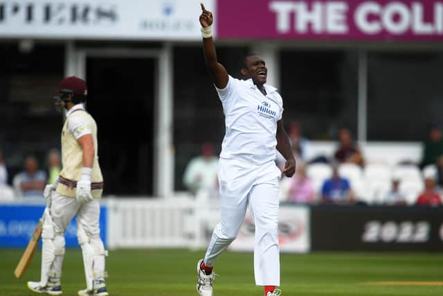 Keith Barker celebrates the wicket of Matt Renshaw during the third day of the LV= Insurance County Championship match between Somerset and Hampshire at The Cooper Associates County Ground in Taunton. Photo by Harry Trump/Getty Images.