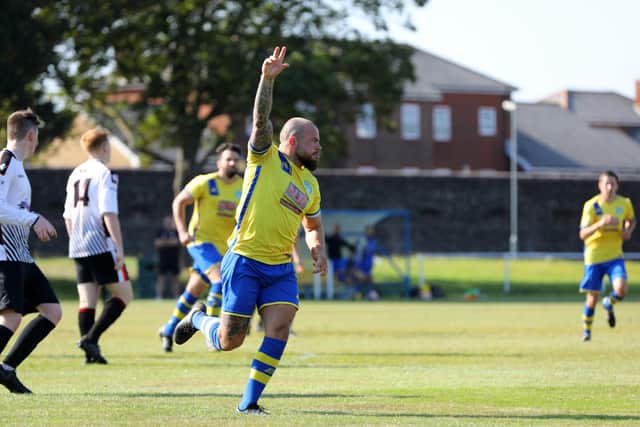 Freddie Hoare celebrates his opener against Whiteley Wanderers. Picture: Chris Moorhouse