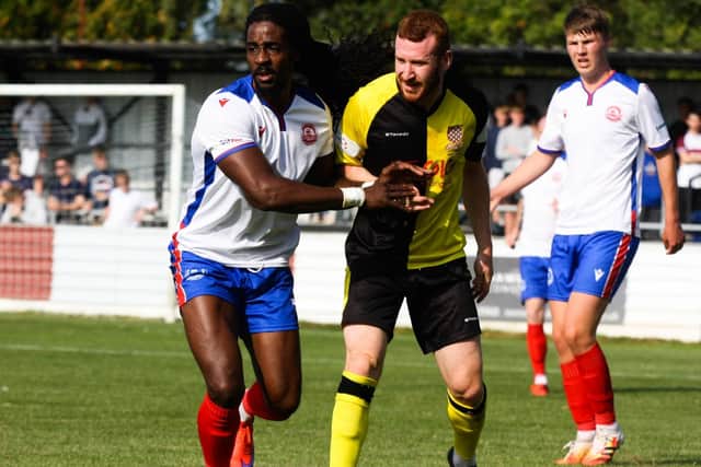 Elliott Charles, left, on his Gosport league debut at Chesham. Pic: Tom Phillips.