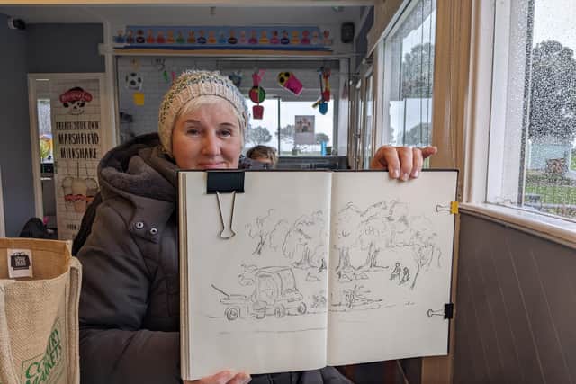 Tina Shaw shows her work in progress. Picture: Emily Turner