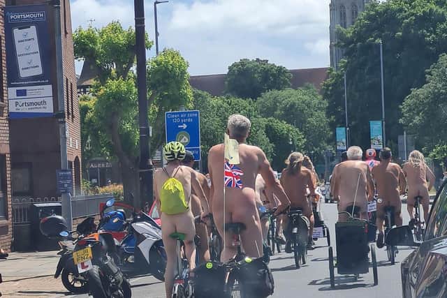 Cyclists take part in the Portsmouth World Naked Bike Ride. Pic Nicola Cunningham