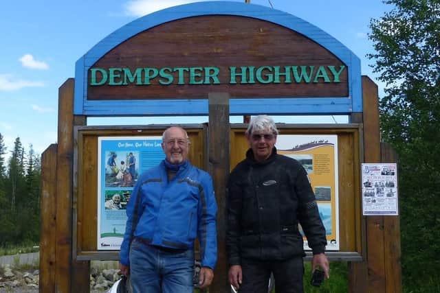 Bob Jones with his late friend Larry Erikson after they completed 700 km up the Dempster Highway (a shale road) to the Arctic Circle and back to the Alaska Highway.