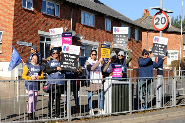 Nurses on strike at the picket line oustide QA hospital on February 6, 2023.