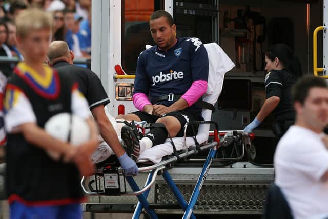 Triallist keeper Jon Stewart heads to hospital after suffering a suspected broken leg against FC Edmonton.  Picture: Joe Pepler