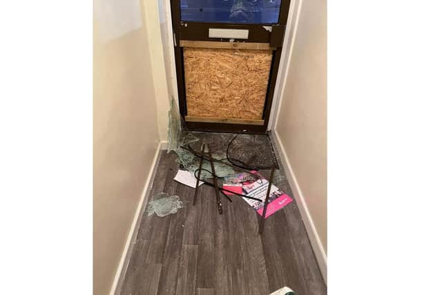 The aftermath of the attack at Caroline Dinenage's offices in Gosport.