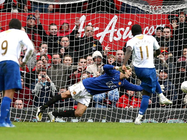 Sulley Muntari nets Pompey's winner from the penalty spot in their FA Cup quarter-final triumph at Old Trafford in March 2008. Picture: Nick Potts/PA