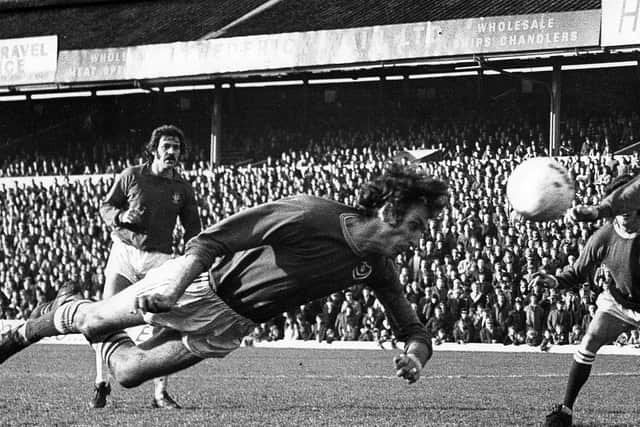 The late Ray Hiron scoring his 100th goal for Pompey against Nottingham Forest on February 17, 1973.  Picture: Roy West