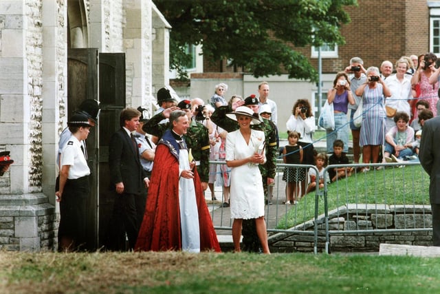 Princess Diana visiting the The Cathedral Church of St Thomas of Canterbury or Portsmouth Cathedral as we usually call it, on the High Street, Old Portsmouth in August 1991. Picture: The News Portsmouth archives