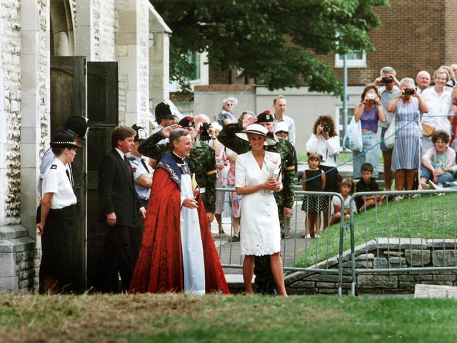 Princess Diana visiting the The Cathedral Church of St Thomas of Canterbury or Portsmouth Cathedral as we usually call it, on the High Street, Old Portsmouth in August 1991. Picture: The News Portsmouth archives