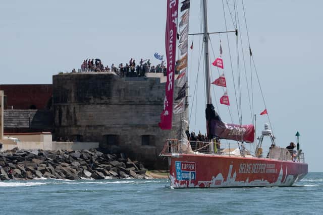 Washington DC team waves to the crowds lining the coastline in Portsmouth for the Grand Finale of the Clipper 2023-24 Race in Portsmouth. Picture: Agility PR