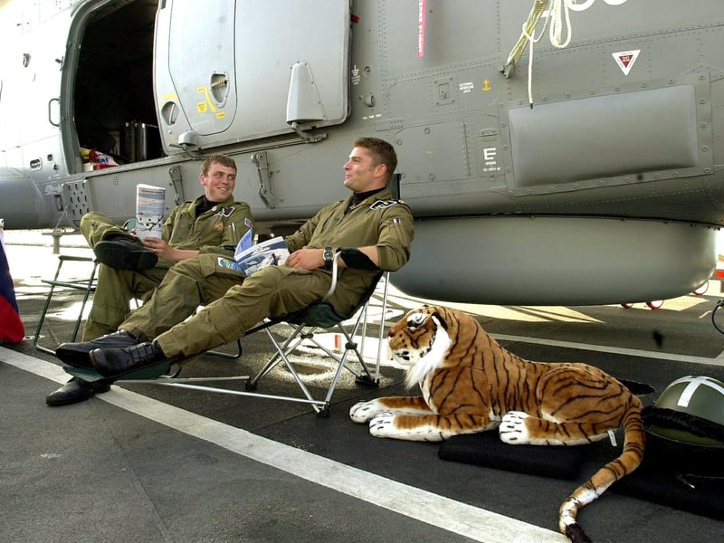 IFOS 27th August 2001. (left to right) LAC Stu Worley (29) and Lt Neil Parrock (29) with 'Tigger' on the flight deck of HMS Illustrious as they relax during public tours of the ship. Picture: Malcolm Wells 014499-12