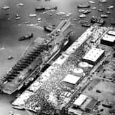 HMS Hermes returns to Portsmouth from the Falklands in July 1982. The News PP624