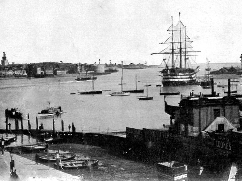 A look across Portsmouth Harbour from the Gosport side. HMS Victory still rides at anchor.