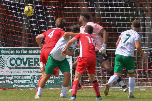 Bognor score the first of their four goals at Horndean. Picture by Martyn White