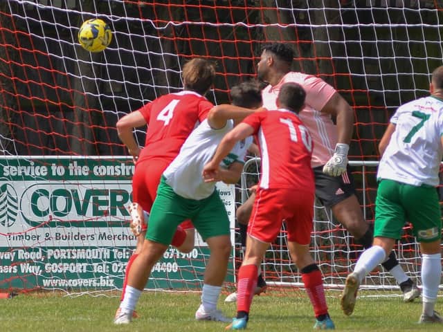 Bognor score the first of their four goals at Horndean. Picture by Martyn White