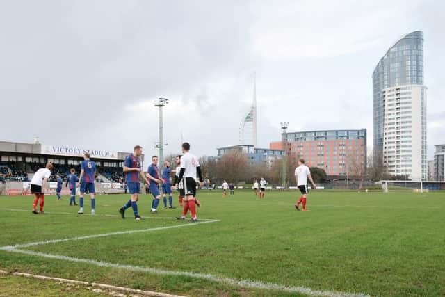 US Portsmouth in action during their Vase third round win against Millbrook in December - Christchurch boss Ollie Cherrett believes home advantage will make US favourites this weekend. Pic: Martyn White.