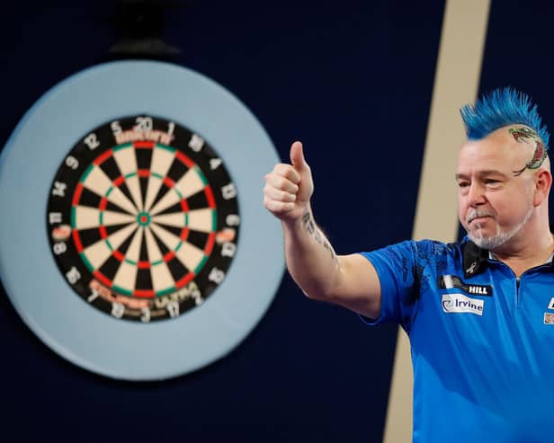 Peter Wright of Scotland reacts to the win during his Semi-Finals Match against Gary Anderson of Scotland during Day Fifteen of The William Hill World Darts Championship at Alexandra Palace on January 02, 2022 in London, England. Picture: Luke Walker/Getty Images